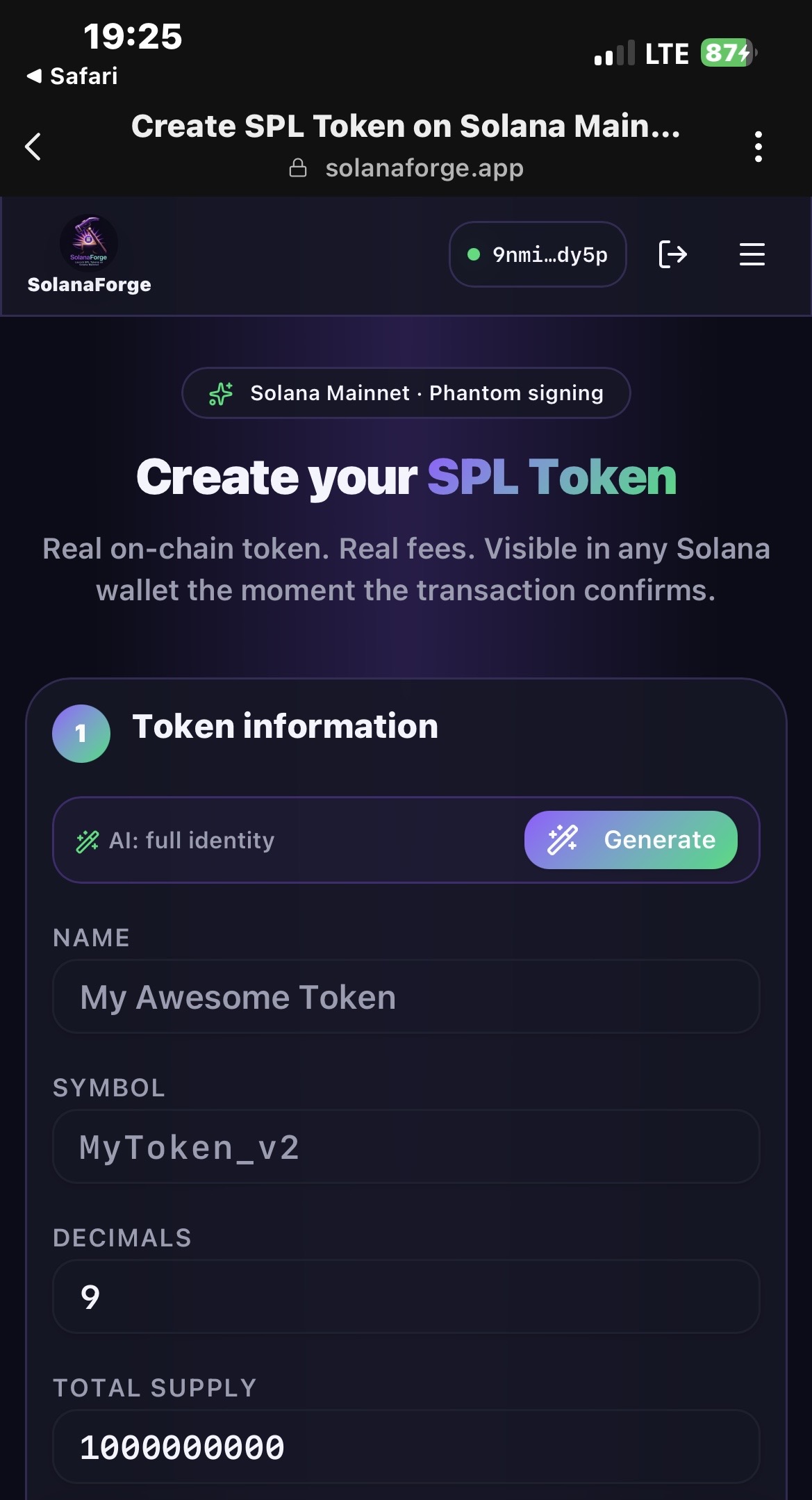 π· Image Suggestion: Screenshot of the SolanaForge Create Token page.