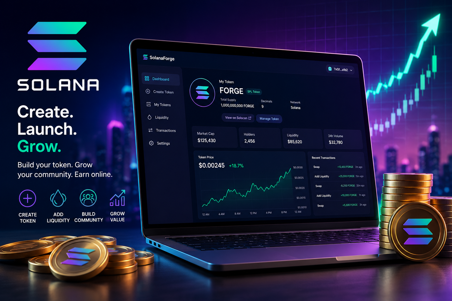 π· Image Suggestion: Hero banner showing a laptop with a Solana token dashboard, the Solana logo, crypto coins, and an upward market chart.