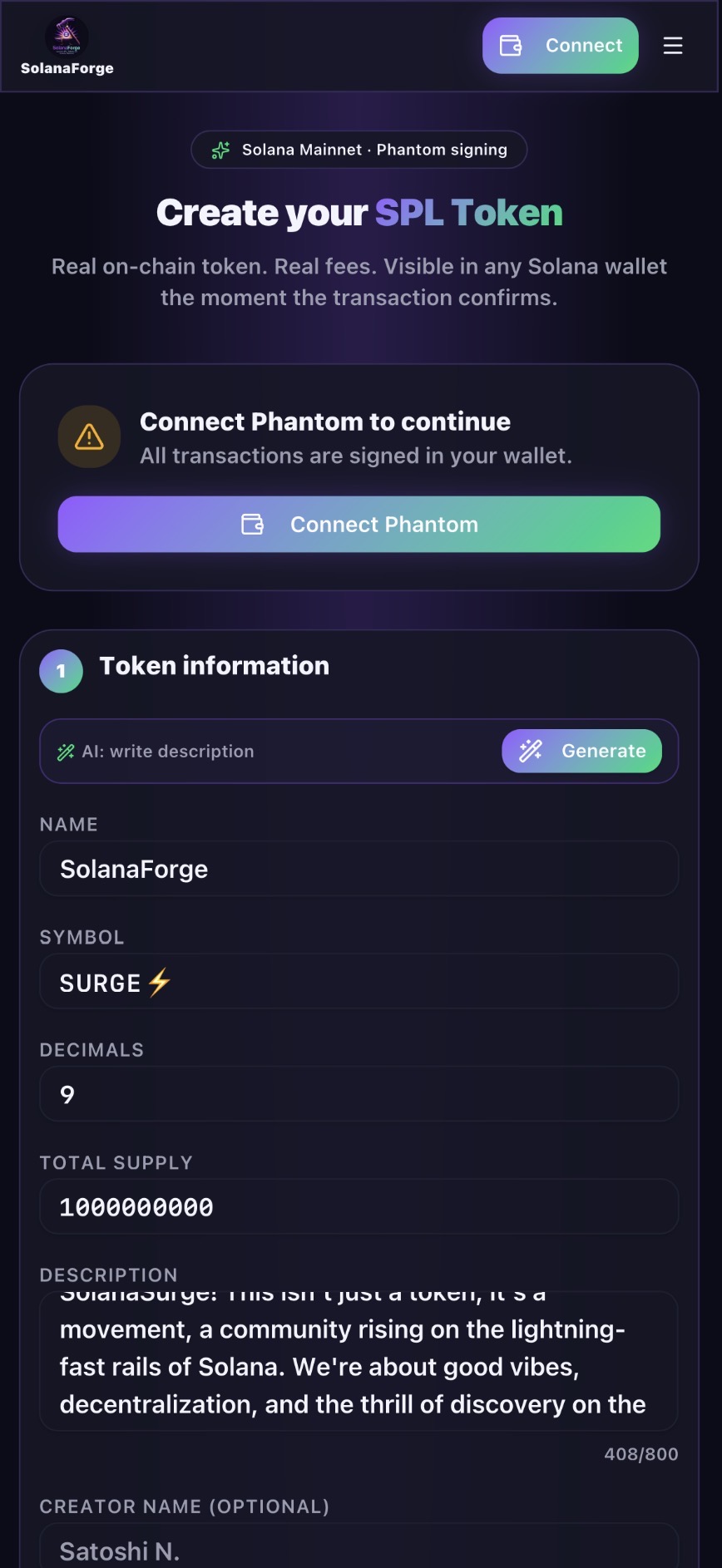 π· Image Suggestion: Screenshot showing the token name, symbol, supply, logo, and settings being filled out in SolanaForge.